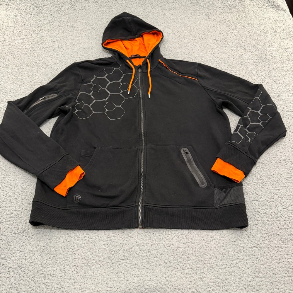 Linus Tech Tips Hoodie Mens 2XL Full Zip Black Orange Hexagon Techwear